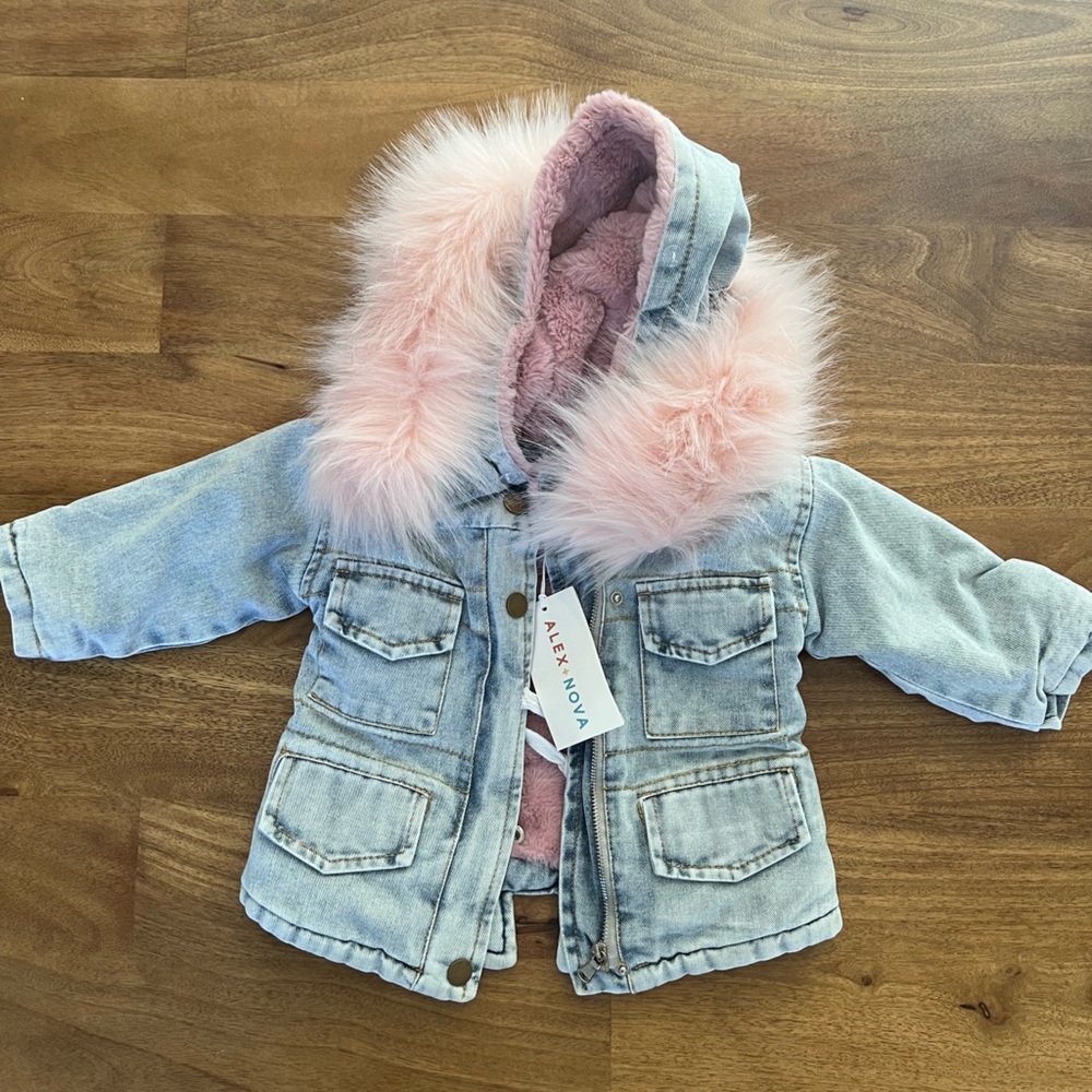 Alex And Nova Holly Oversized Denim Fur Hooded Winter Coat Jacket - 12 Months